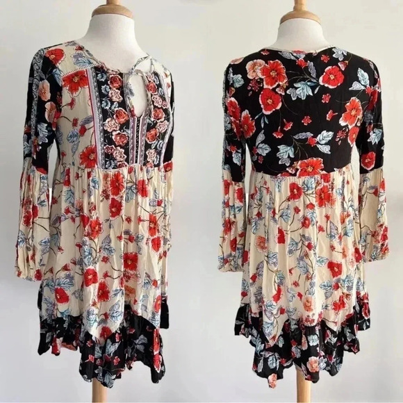 Dresses & Skirts - Patrons of Peace Floral Print Tunic Dress Size M Boho Long Sleeve Rayon